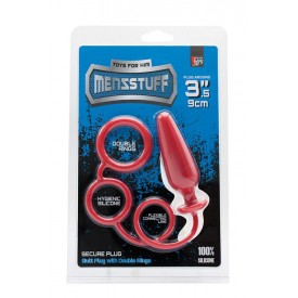 Красное эрекционное кольцо с подхватом и анальным стимулятором MENZSTUFF 3.5INCH DOUBLE RING ANAL PLUG